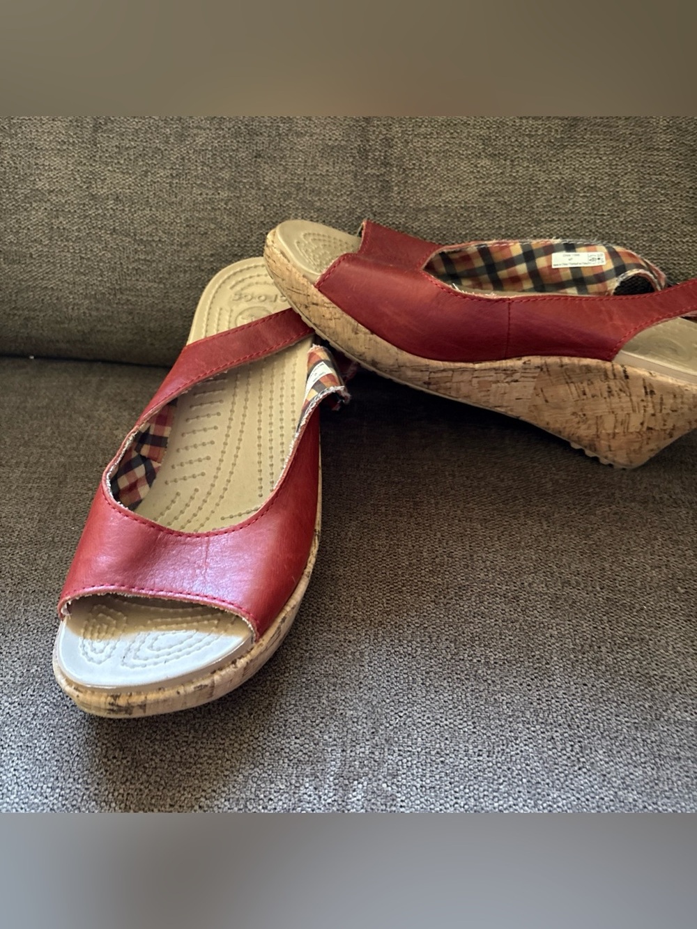Crocs Women's Red Plaid Leather Slip-On Wedge Sandals Logo Accent US 7